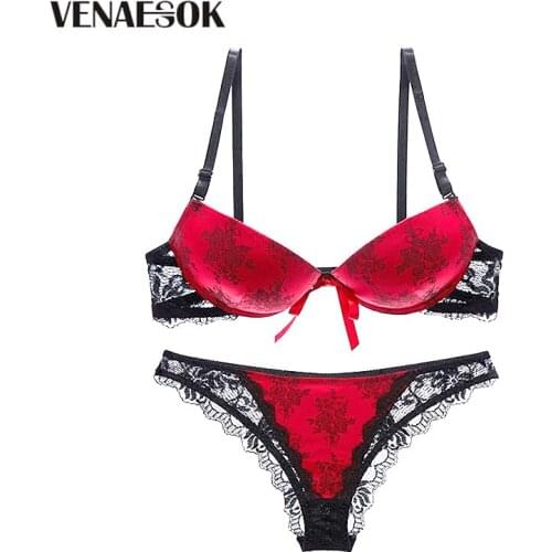 New Top Printing Underwear Set Women Lingerie Cotton Thick Lace Bra Panties Sexy Deep V Brassiere Bow Embroidery Push Up Bra Set
