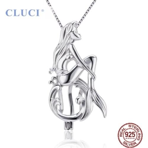 CLUCI 925 Sterling Silver Singing Mermaid Shaped Charms Pendant Women Fairy Tale Silver 925 Pearl Cage Locket Jewelry SC048SB
