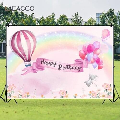 Laeacco Baby Birthday Photophone Pink Sky Rainbow Hot Air Balloons Flowers Photography Backdrops Photo Backgrounds Photo Studio
