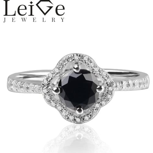 Leige Jewelry Natural Black Spinel Round Shape Engagement Proposal Rings For Woman Romantic Gifts 925 Sterling Silver