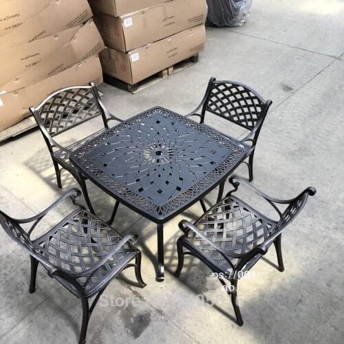 5-piece solid-cast aluminum patio furniture dining set square dining table arm chair set for garden poolside backyard