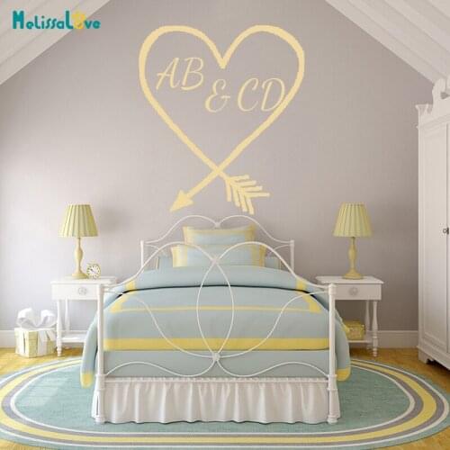Custom Initial Heart Design Arrow Decor Lovers Marriage Couple Room Anniversary Valentines Day Present Bedroom Home Decal B529