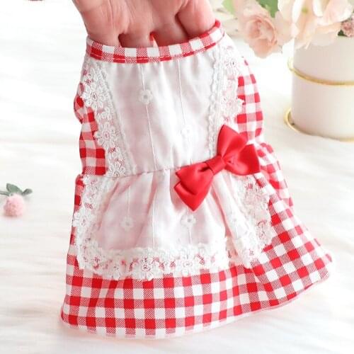 Dog Dress Plaid Summer Cute Princess Maid Lace Bowknot Teddy Clothes for Dogs