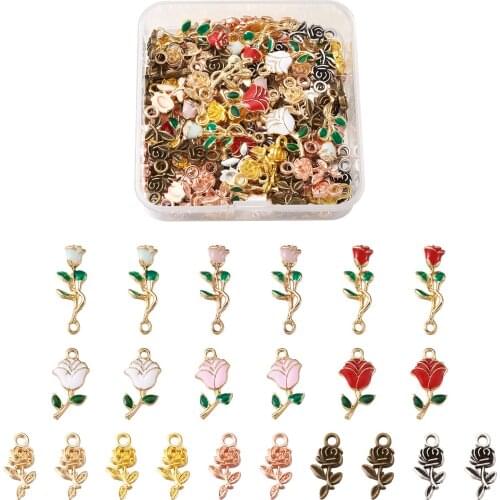 1 Box Mixed Color Rose Flowers Alloy Enamel Pendants Necklace Earrings Charms Valentines Day DIY Jewelry Handmade Findings