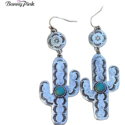 Banny Pink 2021 New Retro Exquisite Cactus Turquoises Earring For Women Antique Metal Drop Earring