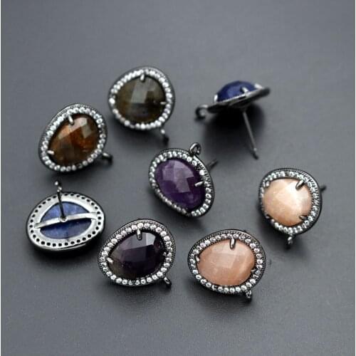 10pairs Natural Amethyst Lapis Stone Stud Earring Connectors Linkers CZ Paved Black Findings For DIY Dangle Earrings Making