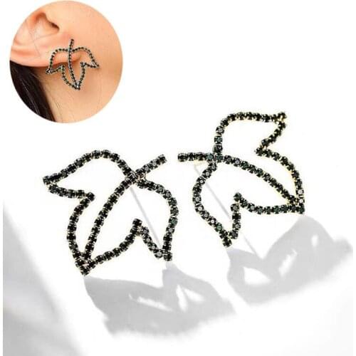 Fashion Hollow Out Spiral Black Leaves Stud Earrings Silver Pin Paved Rhinestone For Women Trendy Jewelry Wholesale