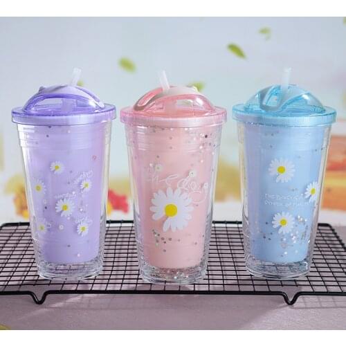 Cute Double Layer Insulated Plastic Straw Cup Cute Cartoon Men and Women Crushed Ice Drinking Water Watermelon Cup Water Bottles