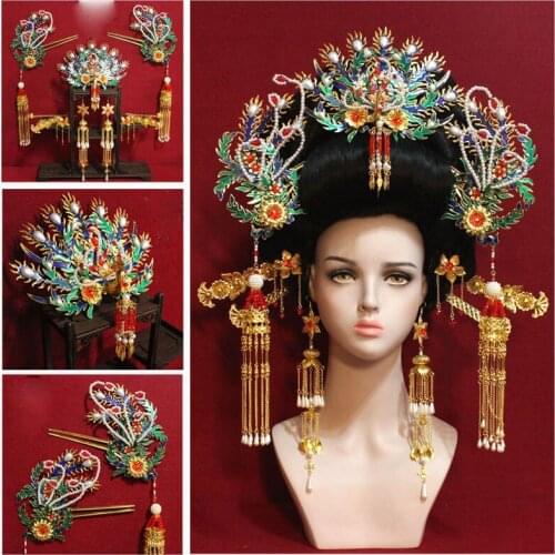 New Beading Phoneix Tiara Imitate TianCui Big Hair Tiara for Ancient Chinese Empress Princess Wedding Bride Tiara Hair Jewelry