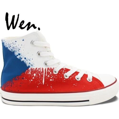 Wen Men Women Hand Painted Shoes Original Design Czech Flag Sewing Canvas Graffiti Painting Sneakers High Top Lace up Plimsolls