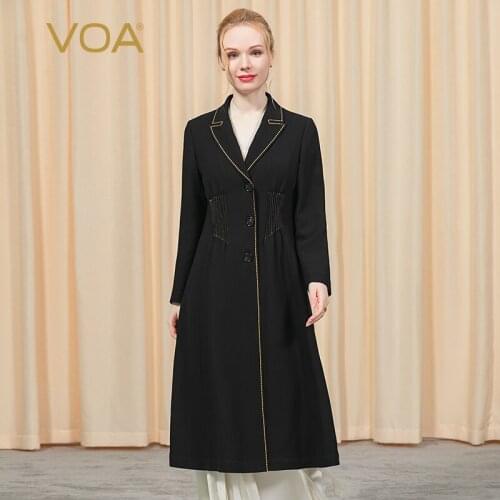VOA 60m/m silk suit collar yellow arch needle trim single row twist button pleated Waist Long Sleeve Black windbreaker FE50