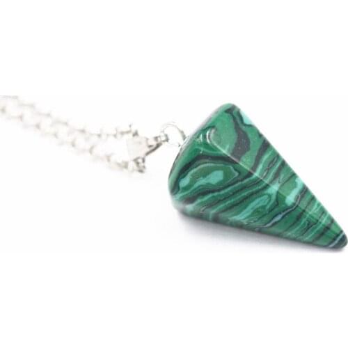 Yingwu 50pcs 15*25mm Small Size Malachite Stone Cone Chain Dowsing Healing Chakra Hexagon Pendulum With Chain Necklace Wholesale