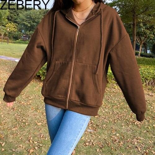 ZEBERY Brown Y2K Aesthetic Hoodies Women Vintage Zip Up Sweatshirt Winter Jacket Clothes Pockets Long Sleeve Hooded Pullovers