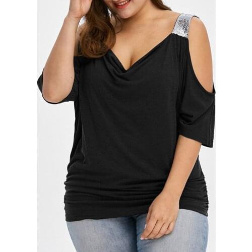 Sexy Cold Shoulder T-Shirts Women Plus Size 5XL V Neck Short Sleeve T Shirts Women Loose Off-Shoulder Bling Tshirt Casual Tops 2