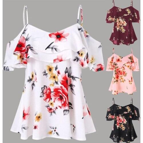 Plus Size Shirt Blouse Female 2020 Summer New Tops Strap Off Shoulder Floral Print Ruffled Chiffon Blouse Print Women shirt