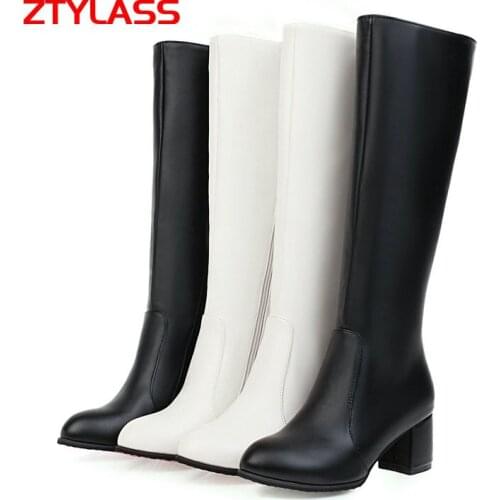 2021 Autumn Women Boots Comforty Sqaure High Heel Knee High Boots Fashion Zipper Winter Plush Long Boots Big Size 42 43