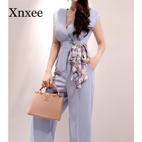 Elegant Belted Waist Business Jumpsuits Women 2019 New Wide Leg Long Playsuits Casual Office lady lace up Work Wear Rompers