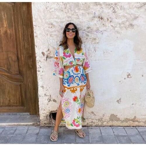 2021 womens fashion printed knot MIDI dress Za retro Bohemian bat sleeve open waist side split fashion womens dress