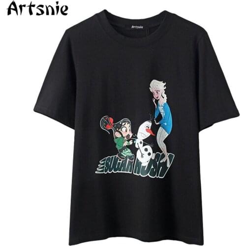 Artsnie Summer 2021 Disney Cartoon Print T Shirt Women O Neck Short Sleeve Black Tops Streetwear Casua Knitted Ladies T-shirts