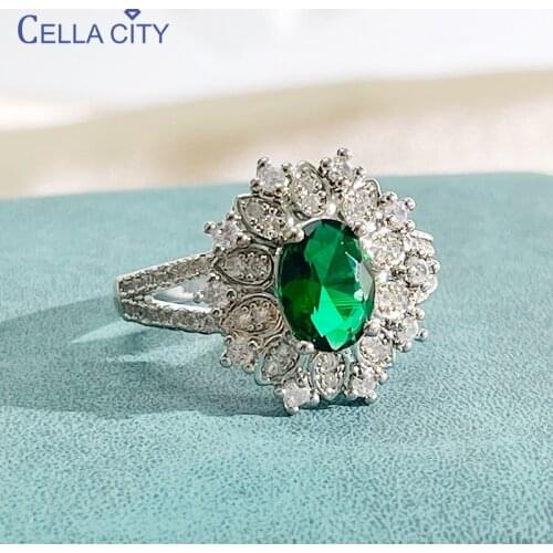 Cellacity Classic Silver 925 Jewelry Ring For Women With 6*8mm Oval Shape Emerald Gemstone Zircon Fine Jewelry Female Gift Party