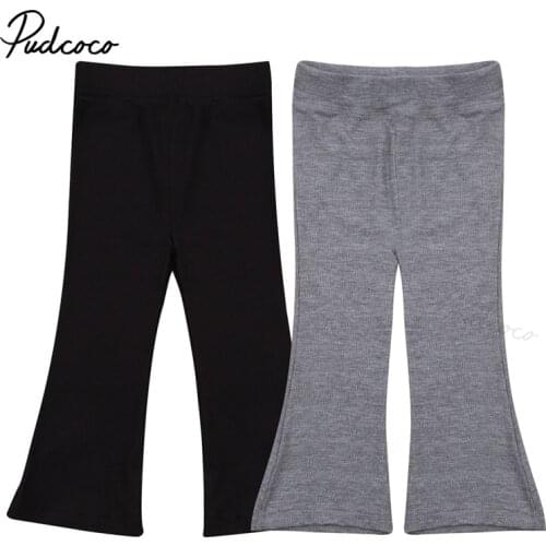 Infant Kid Baby Girls Long Pants, Solid Color Elastic Waist Ribbed Slim Fit Flared Trousers 1-7T