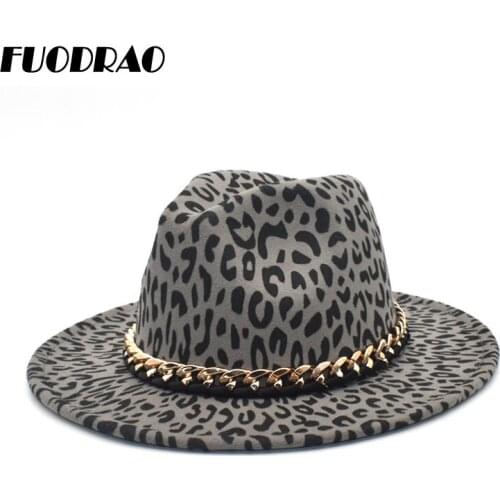 FUODRAO New Leopard Print Wool Fedoras Hats Women Chain Wide Brim Jazz Caps Vintage Panama Cowboy Hat Men Dropshipping F112
