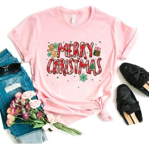 Merry Christmas Letters Print Women Tshirts New T-shirt Harajuku Fashion Short Sleeve Pink Loose Summer Lady Christmas T Shirts