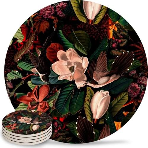FLORAL AND BIRDS Ceramic Coasters Waterproof Tea Cup Mat Christmas Home Decor Coasters for Glasses