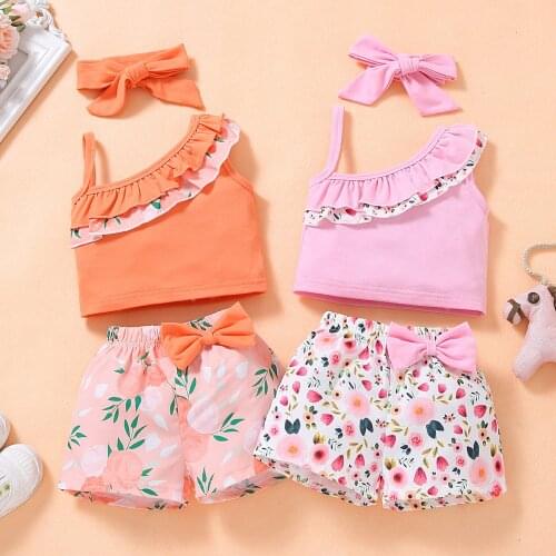 OPPERIAYA Baby Girls Summer Three Piece Casual Set Fashion Ruffles Suspender T-shirt and Flower Bow Short Pants with Headband
