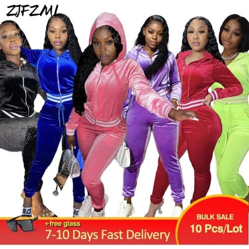 Bulk Items Wholesale Lots Velvet 2 Piece Tracksuit Womens Costumes Zipper Up Full Sleeve Jacket+jogger Sweatpant Active Wear