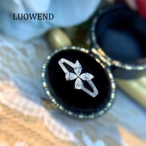 LUOWEND 100% 18K White Gold Rings Pear Cut Marquise Shape Real Natural Diamond Ring for Women Wedding Engagement Anniversary