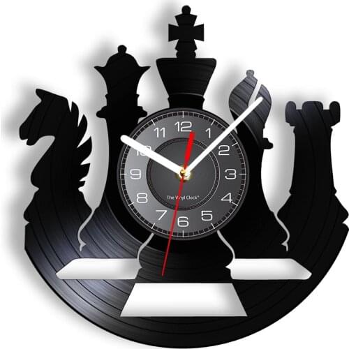 International Chess Board Game Vinyl Gramophone Record Wall Clock Set Playroom Decor Knight King Queen Vinyl Disk Craft Clock