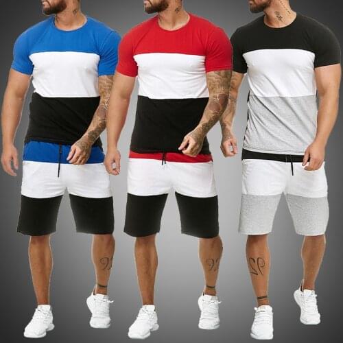 2021 Summer Men Sets 2 Piece Outfit Sport Set Stripe Print Sweatsuits Casual T Shirt Shorts Set Fashion Clothing Male Tracksuit