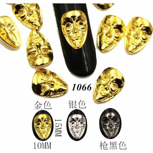 10Pcs/Lot Japan 10X15mm Gold Silver Black Halloween Mask 3D Metal Alloy Nail Art Deco Nail Stickers/Charms/ Tools for Manicure