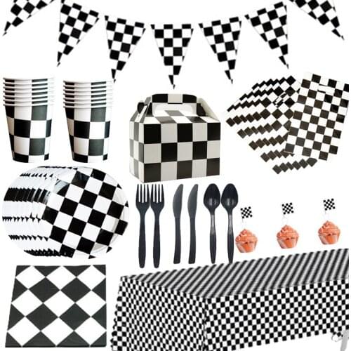 New Black And White Grid Theme Happy Birthday Party Decorations Disposable Tableware Set Baby Shower Party Supplies