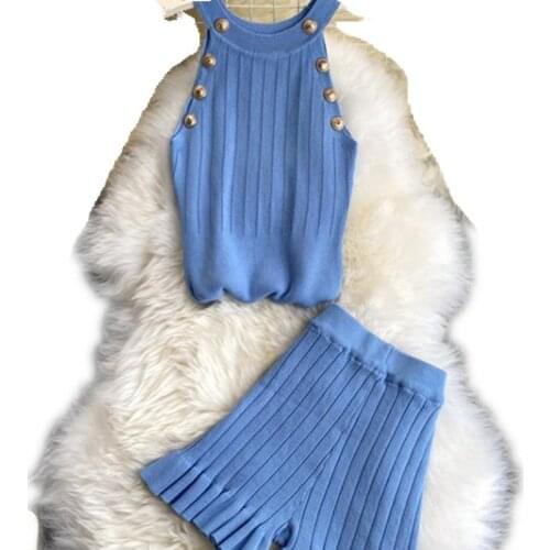 New Women Knit Suits Sleeveless Tops Short Pants Clothing Sets
