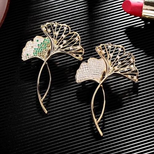 OKILY Fashion Double Leaves Zircon Pins and Brooches for Lady Wedding Jewelry Hollow Out Ginkgo Leaf Brooch Scarf Accessories