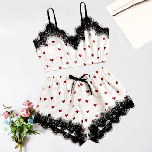 Sexy Women Heart Print Lace Patchwork Sleepwear Set Crop Top Camisole Shorts