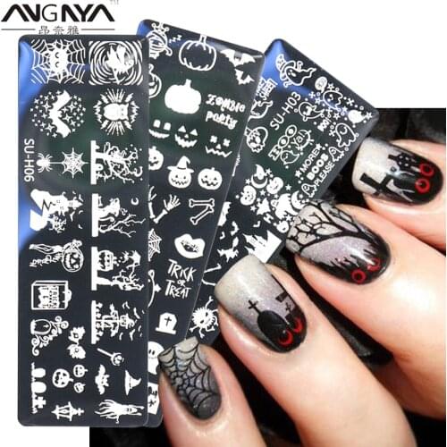ANGNYA 6Pcs/set Nail Stamping Plate Halloween Pumpkin Image Christmas Snowflake Manicure Stamp Template Nail Art Image Plates