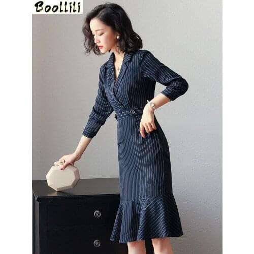 Boollili Spring Autumn Dress Women Clothes 2020 Vintage Office Formal Dress Women Elegant Midi Striped Ladies Dresses Vestidos