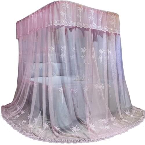 Zq Princess Style Embroidered Pink U-Shaped Rail Mosquito Net Household Bracket Three-Door Track Floor 1.8
