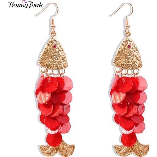 Banny Pink Bohemia Layer Shell Discs Tassel Dangle Earrings For Women Cute Cartoon Fish Drop Earrings Beach Chandelier Earrings