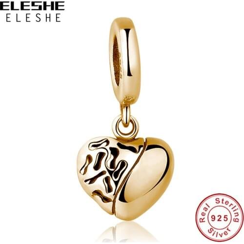 5PCS ELESHE S925 Sliver Heart shape Dangle Charm Gold Color Bead Fit Original Bracelet & Necklace DIY Jewelry Fashion Making