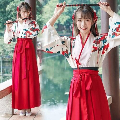 Women Traditional Hanfu Clothing Floral Print Oriental Folk Dance Costume Girls Tops Short & Long Skirt Outfits Full Sleeve