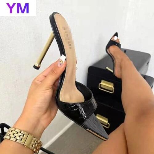 Summer 2021 New Women Slippers Snake Print Mule High Heels Shoes Sandals Sexy Sharp Toe Metal Heel Slides Party Dress Shoes36-42
