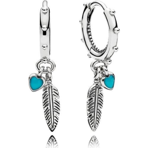 Free Shipping Authentic 925 Sterling Silver Turquoise Hearts & Feather Hoop Earrings For Women DIY Jewelry S925 Earring