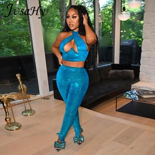 JuSaHy Y2K Shinny Solid Two Pieces Sets for Women Sexy Hollow Out Sleeveless Halter Crop Top And Pants Body-Shaping Outfits