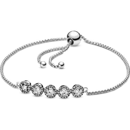 Authentic 925 Sterling Silver Round Sparkle Slider Fashion Bracelet Fit Pandora Women Bead Charm Bangle Gift DIY Jewelry