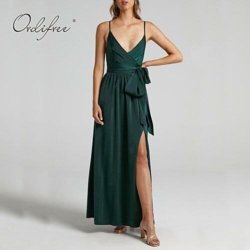 Ordifree 2021 Summer Women Satin Long Dress Spaghetti Strap Sexy Backless Slit Party Maxi Silk Slip Dress