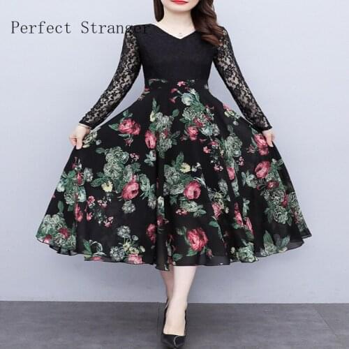 2021 Spring Autumn New Arrival Hot Sale V Collar Flower Print Lace Long Sleeve Women Chiffon Long Dress M-5XL
